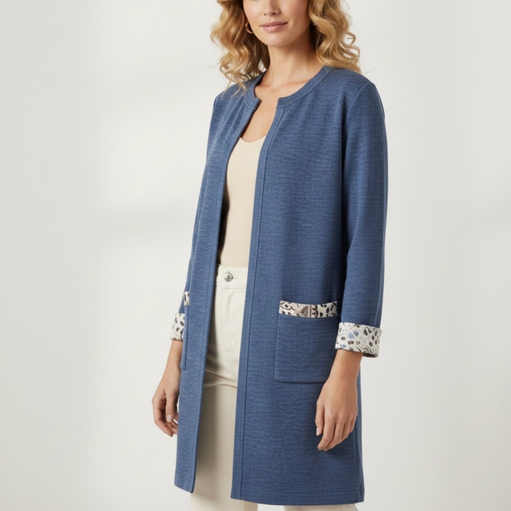 CHICO’S Paisley Leopard Trim Blue Open Front Cardigan Sweater Jacket Topper 1 M